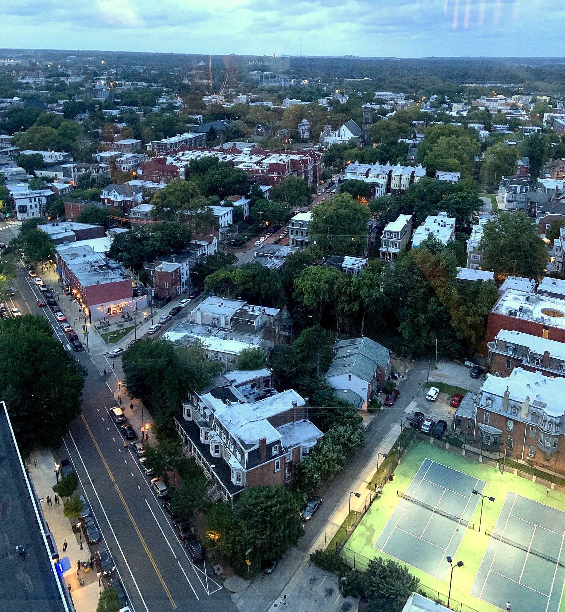 Lancaster Avenue corridor at dusk